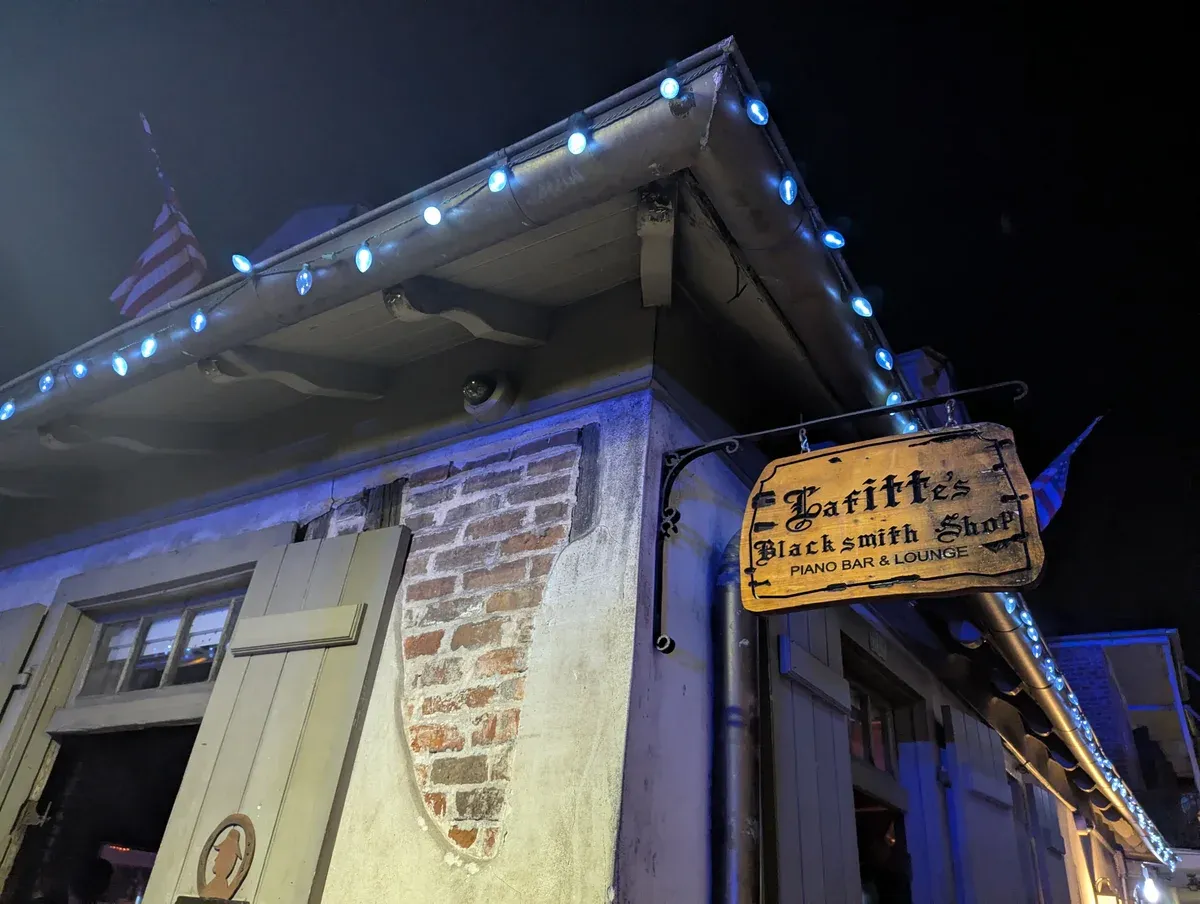 Lafitte's Blacksmith Shop Bar at night in the French Quarter, near the route of the French Quarter Phantoms New Orleans ghost tour