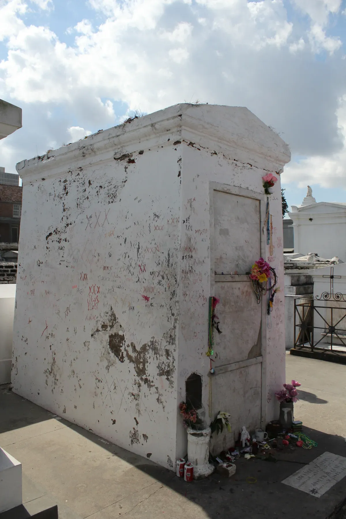 The tomb attributed to Marie Laveau in St. Louis Cemetery No. 1, a stop on the official cemetery tour in New Orleans
